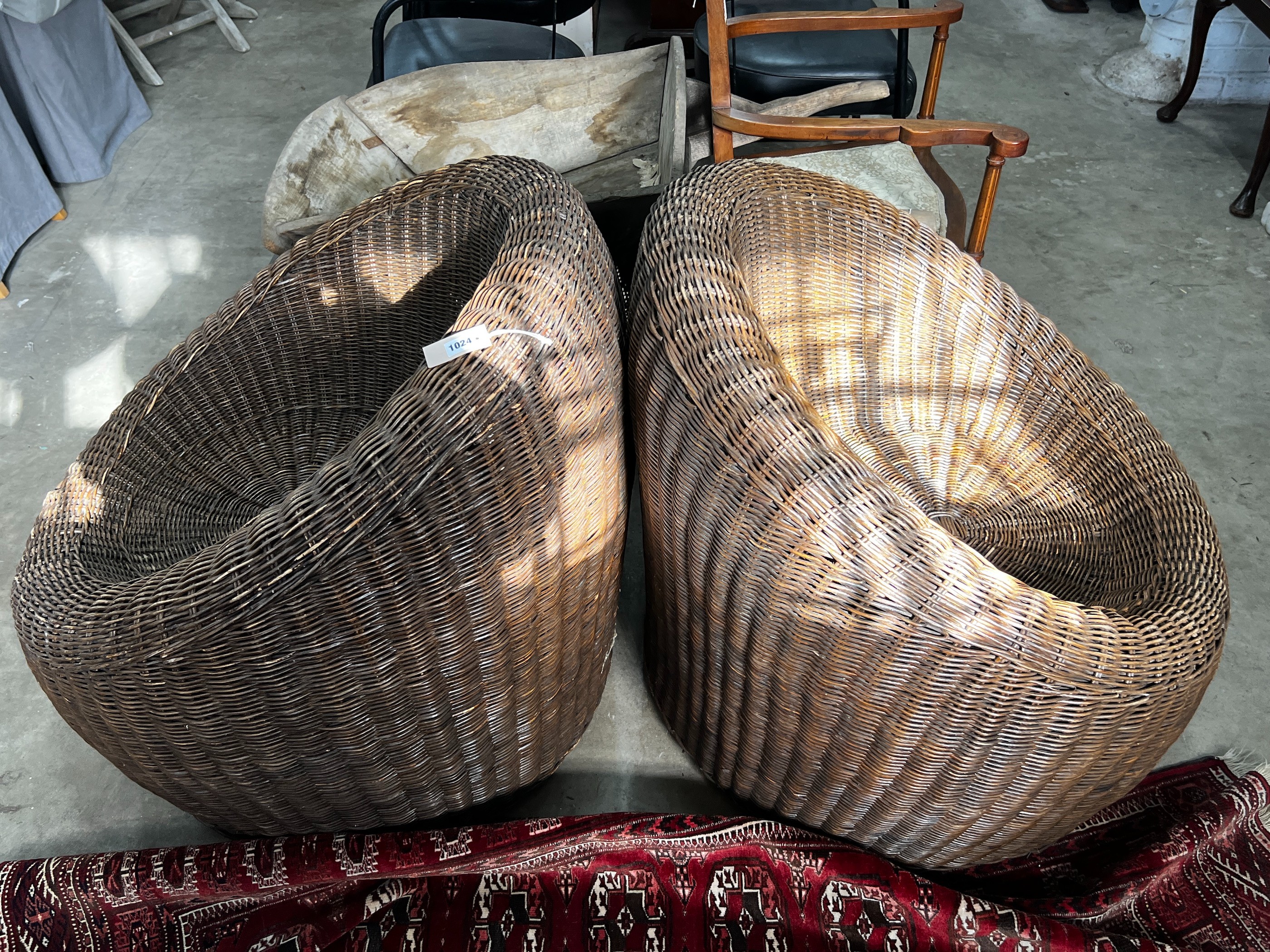 A pair of contemporary rattan tub framed garden chairs, height 78cm